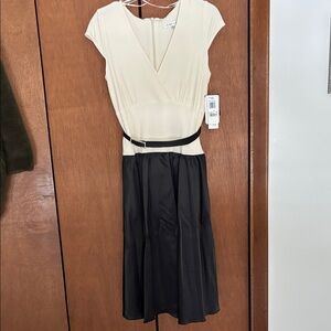 Sandra Darren Cream and Black Faux-Wrap Midi Dress with Belt